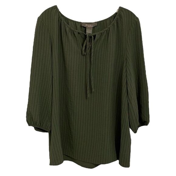 Olivia & Martin Olive Green Pinstriped 3/4 Sleeve Tie Neck Blouse NWT Size Large - Picture 1 of 5